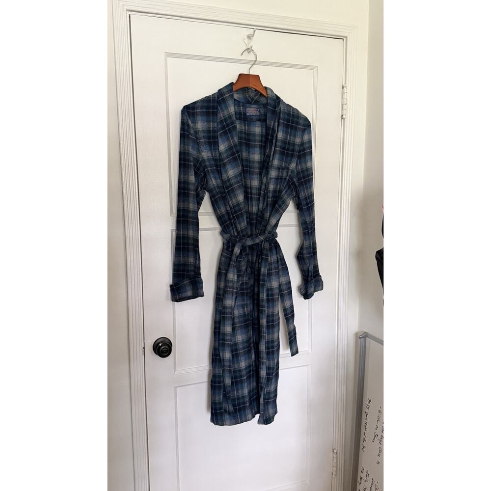 VTG 60s Pendleton Belted Robe Mens Medium Blue Plaid 100%‎ Virgin Wool READ
